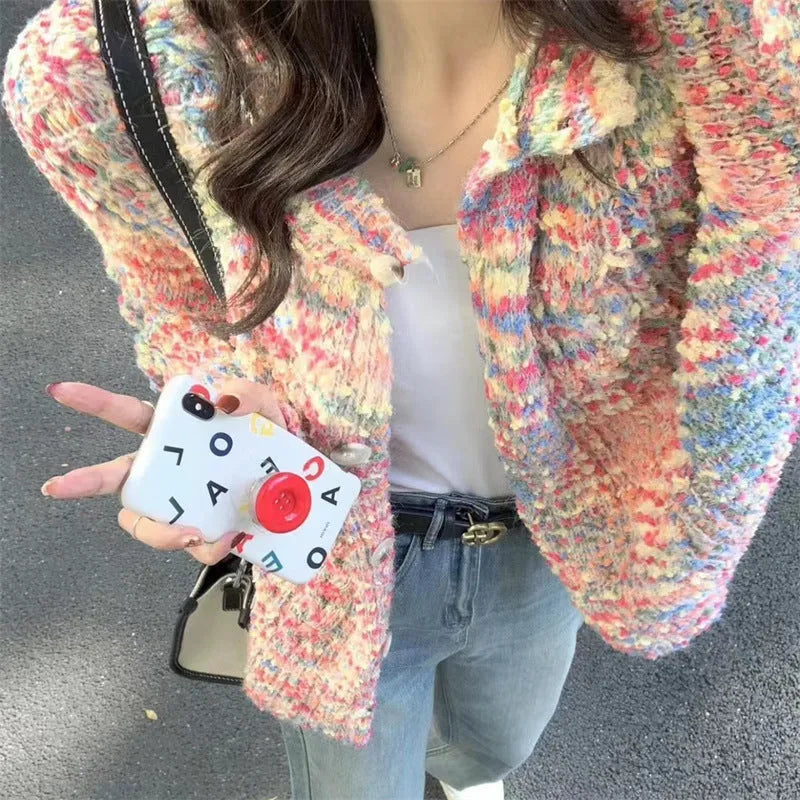 Pink or green slim fit acrylic knitted cardigan sweater with regular sleeves