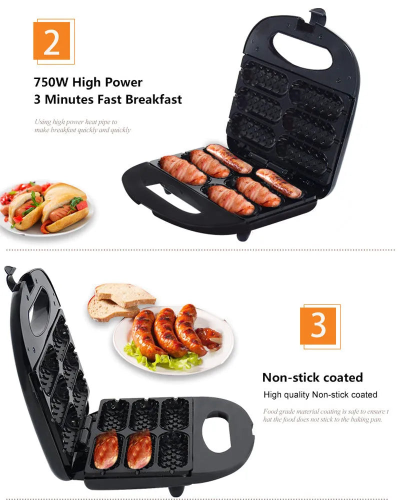 Black hot dog roast sausage frying machine with non-stick surface on kitchen counter