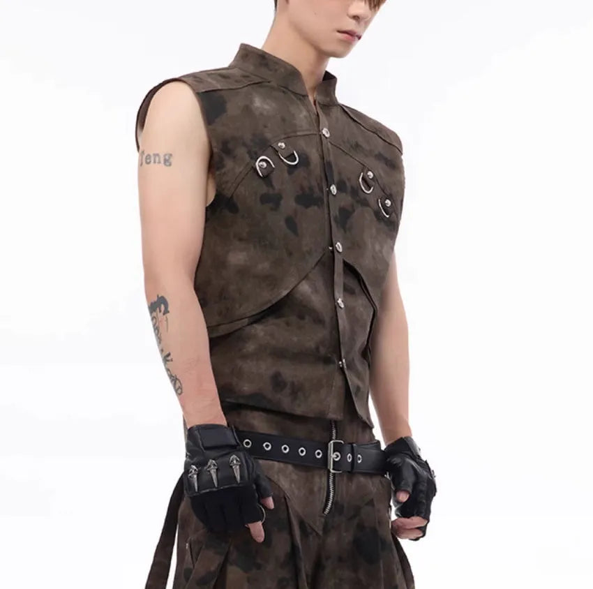 Korean-style camouflage denim vest and trouser set for adults on a model.
