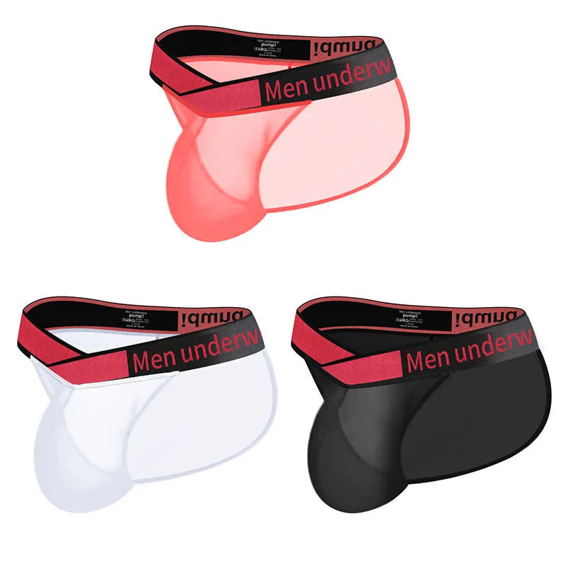 Men's transparent ice silk briefs in red, showing low waist and high-cut leg design.