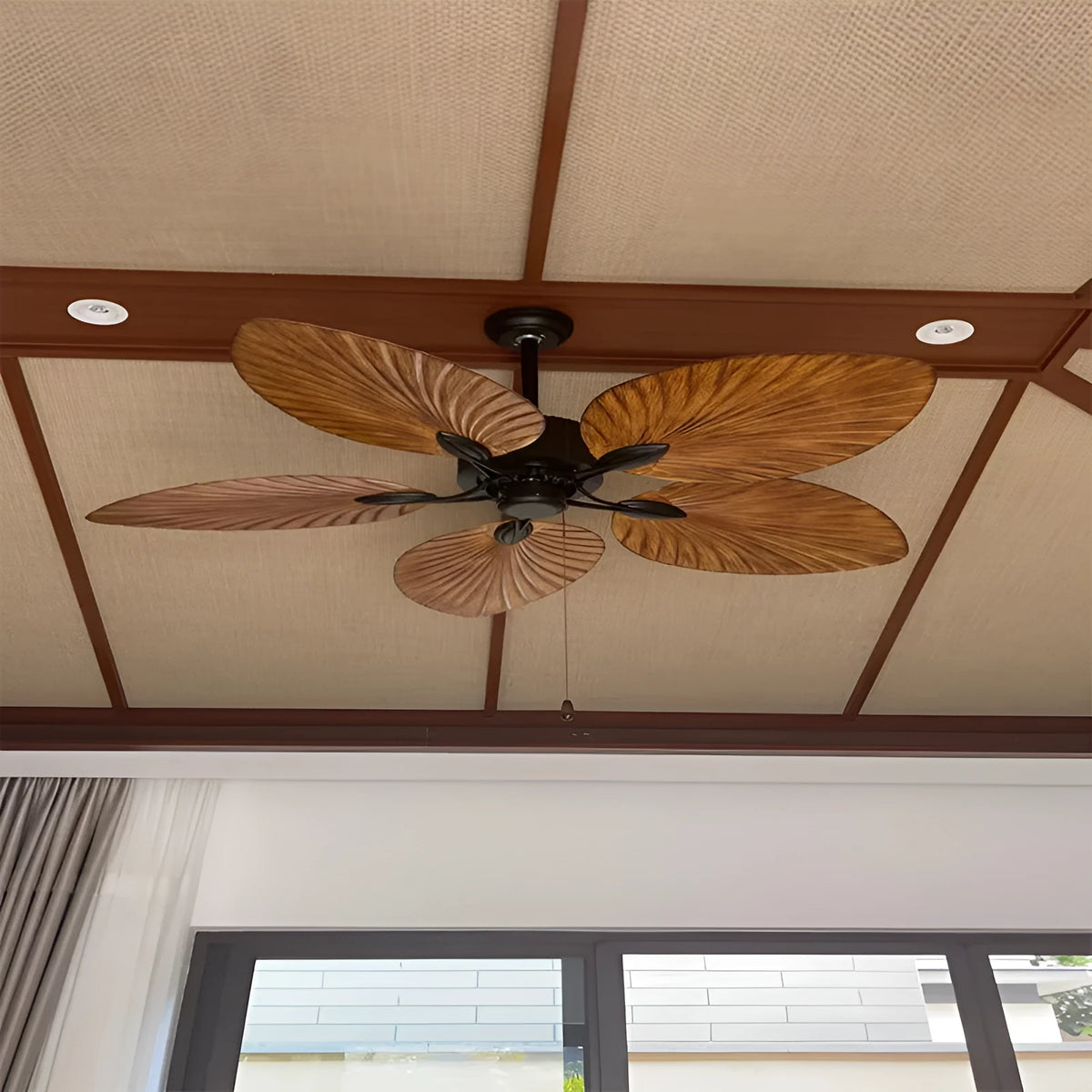 Palm-leaf fan vintage chandelier with wooden glue leaf blades and copper lampshade, 52-inch size