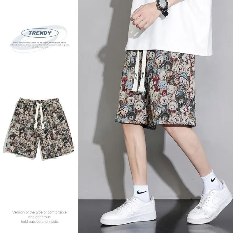 Men's lightweight polyester fifth pants in bear colour, shown in a casual summer setting.
