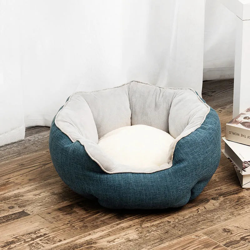 Blue octagonal pet sofa bed with removable mats for cats and small dogs