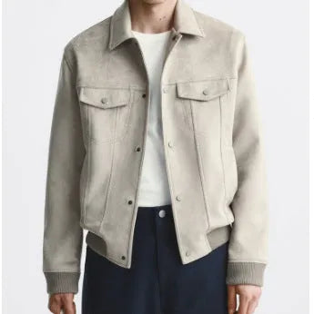 British-style suede velvet commuter jacket in mink and light grey colours with long sleeves