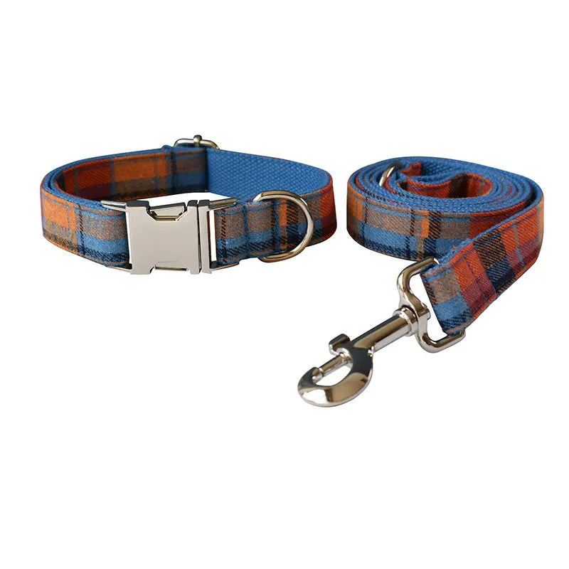Blue velvet plaid pattern dog collar with metal alloy buckle in multiple sizes