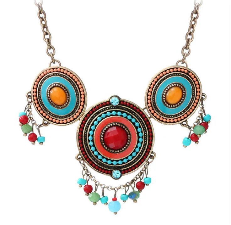 Red bohemian exaggerated diamond alloy necklace with man-made crystal meteorite pendant on bamboo-style chain for women