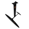 Black carbon fibre hydrofoil surfboard with aluminium mast and large front wing for racing.