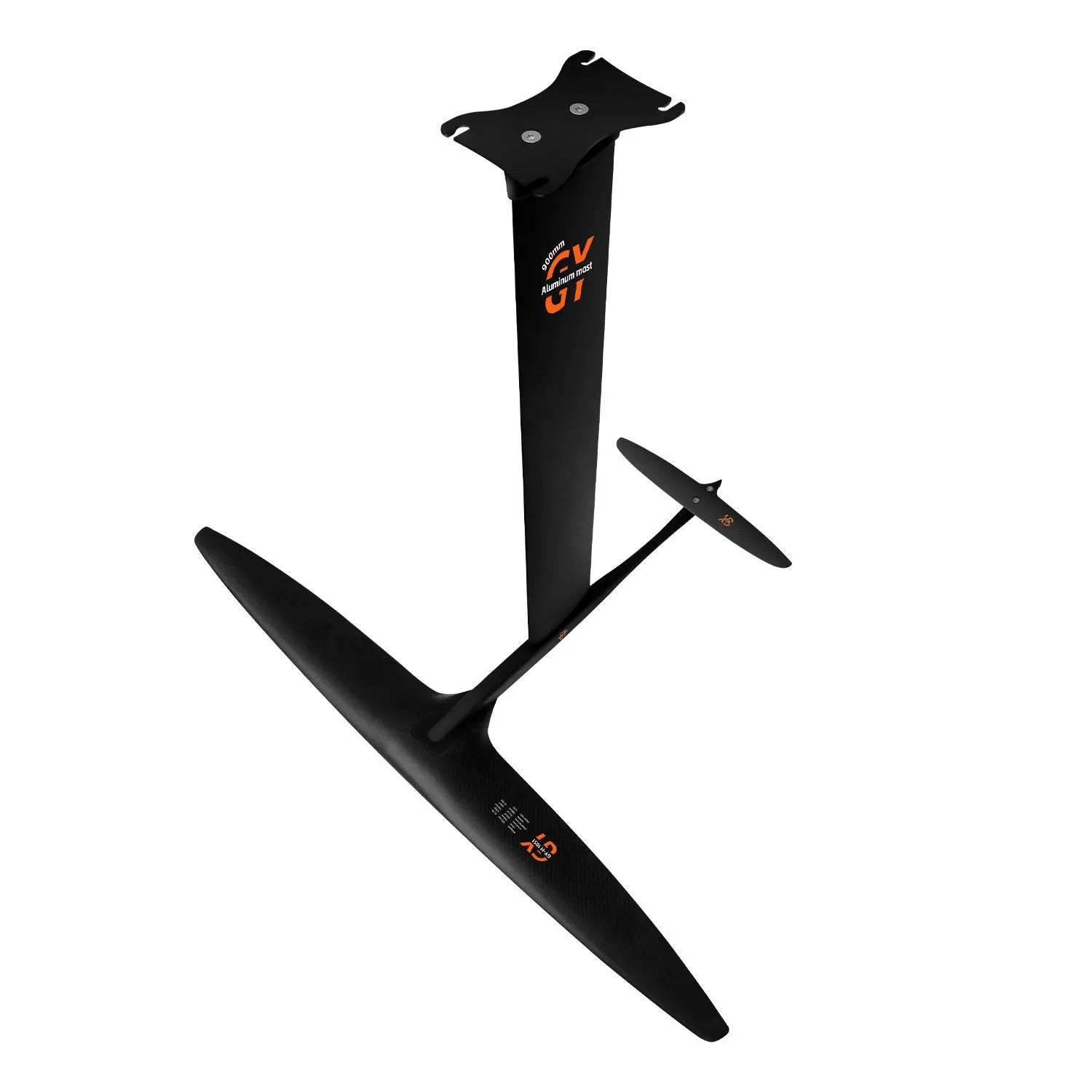 Black carbon fibre hydrofoil surfboard with aluminium mast and large front wing for racing.