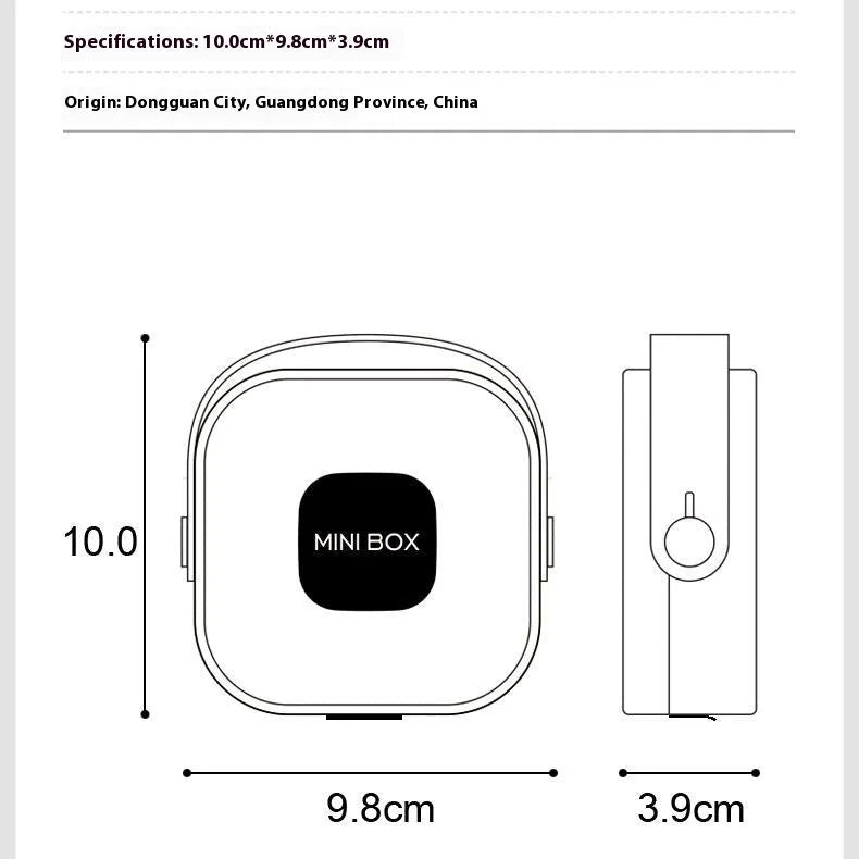 Medium-sized solid colour portable storage box for organising data cables and a Bluetooth headset.