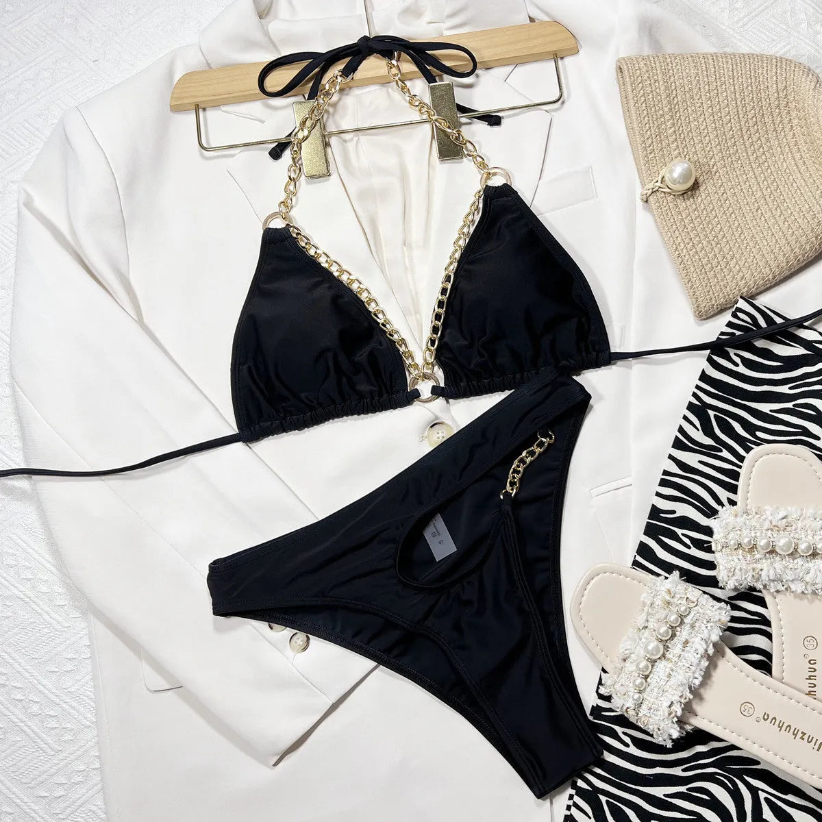 European and American chain split swimsuit in black with nylon and spandex two-piece set