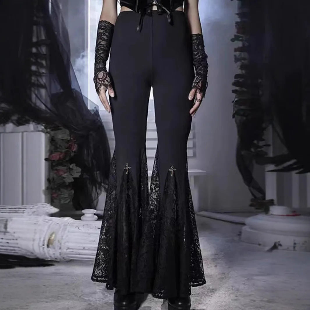 Women's cross black bell-bottom pants with lace stitching, high waist, dark style street fashion
