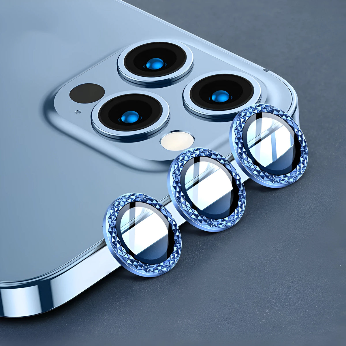 Diamond eagle eye lens film for iPhone 13 Pro Max with aviation aluminium alloy ring and Corning glass in silver