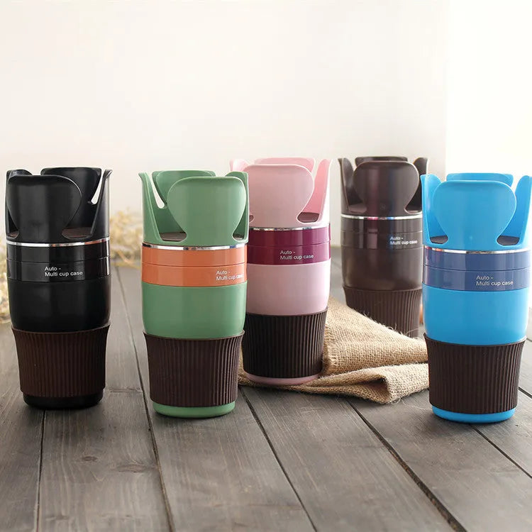 Car multifunction cup holder and navigation bracket in various colours on dashboard