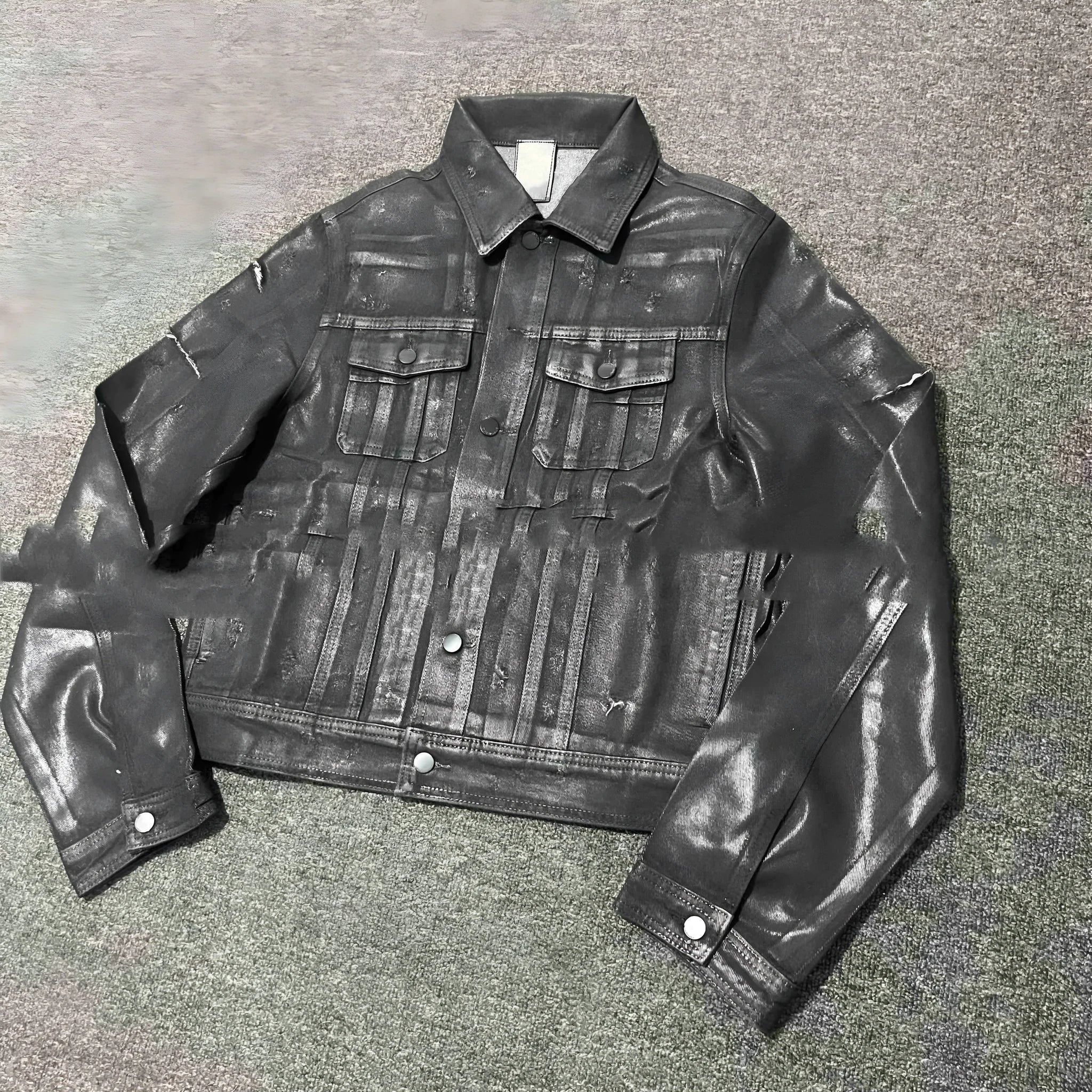Denim coat archive short slim jacket in black polyester with lapel collar and long sleeves