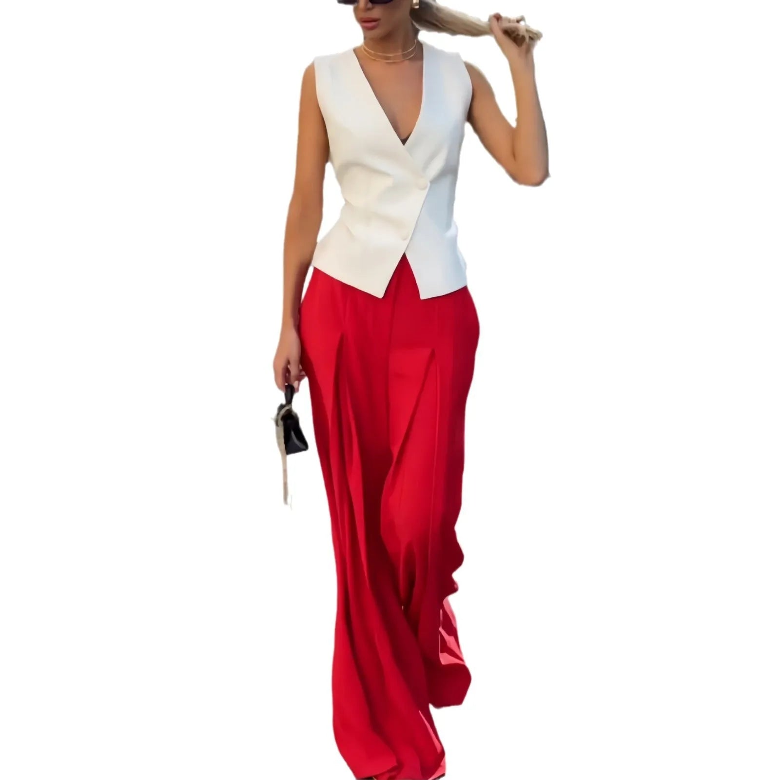Women's beige two-piece set with sleeveless deep V-neck top and high-waisted wide-leg trousers