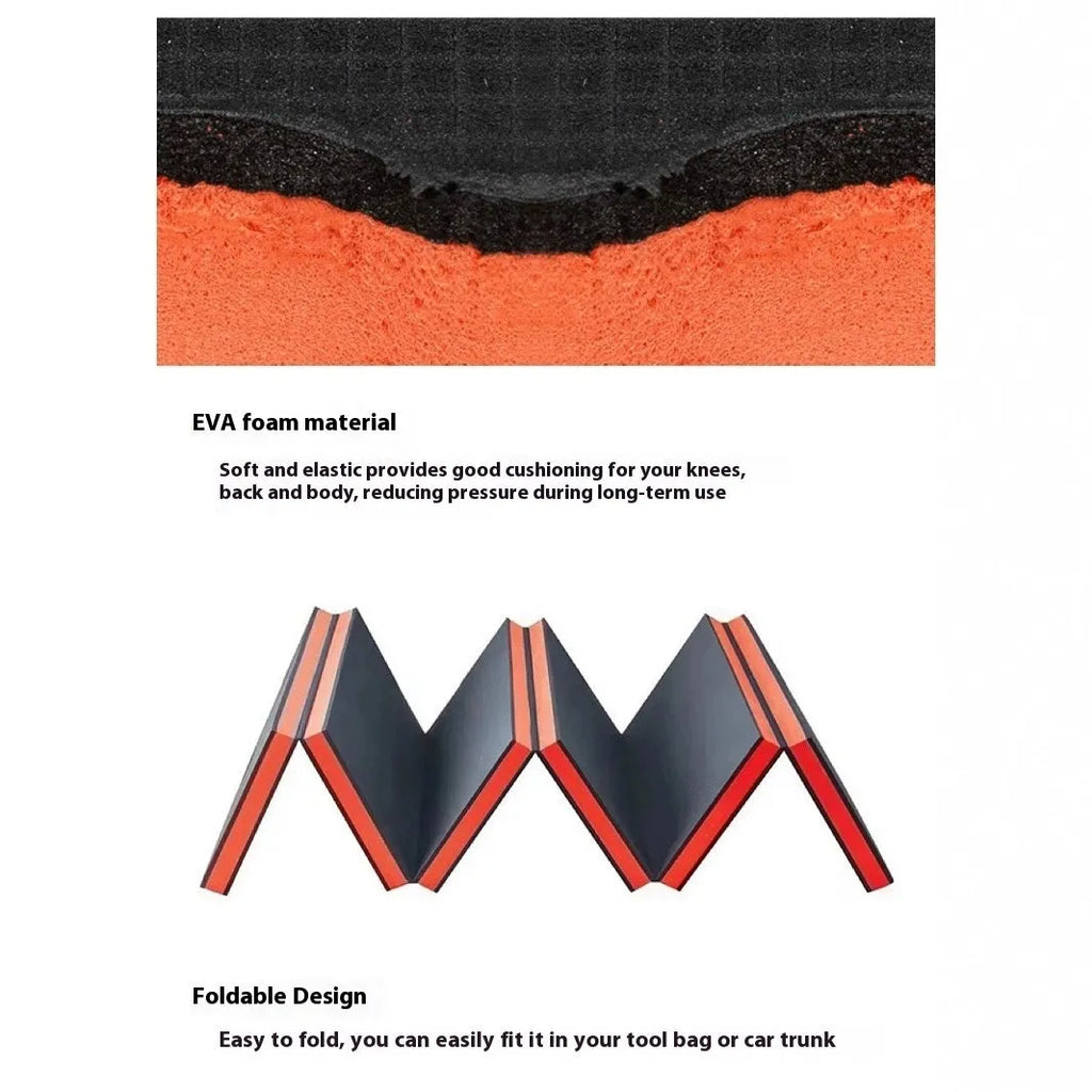 Black EVA foam folding kneeling mat for car repair showing folded and open positions