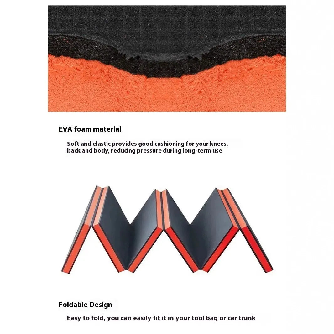 Black EVA foam folding kneeling mat for car repair showing folded and open positions