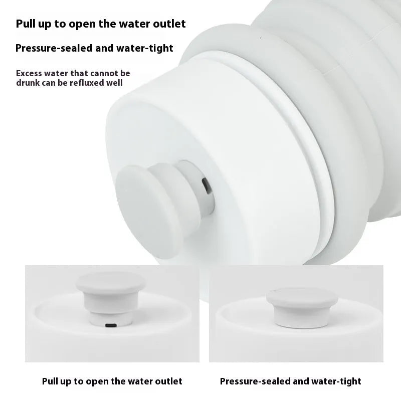 Folding silicone pet drinking cup shown collapsed and expanded for portable outdoor use