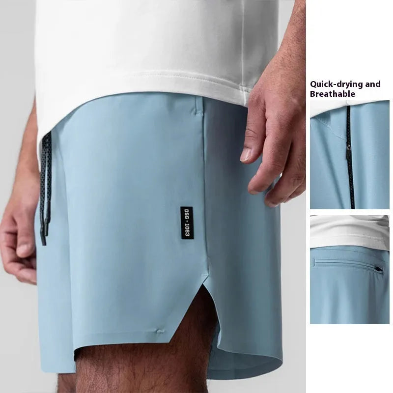 Men's grey seamless sports shorts with knee length and straight cut design for athletic activities