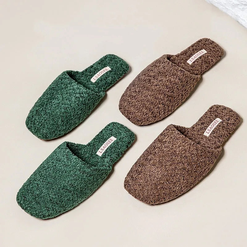 Fleece-lined thermal cotton indoor slippers with artificial velboa lining and non-slip beef tendon sole