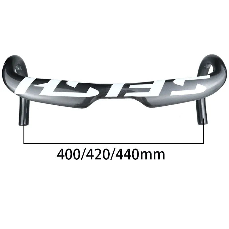 Carbon fibre road bicycle drop handlebar shown in black, highlighting its bend and clamp area.