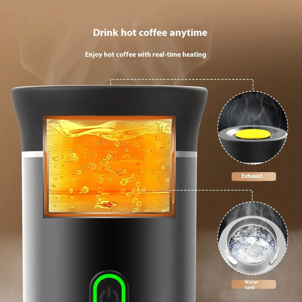Portable Italian espresso machine in black, showing main unit, USB-C cable, and box