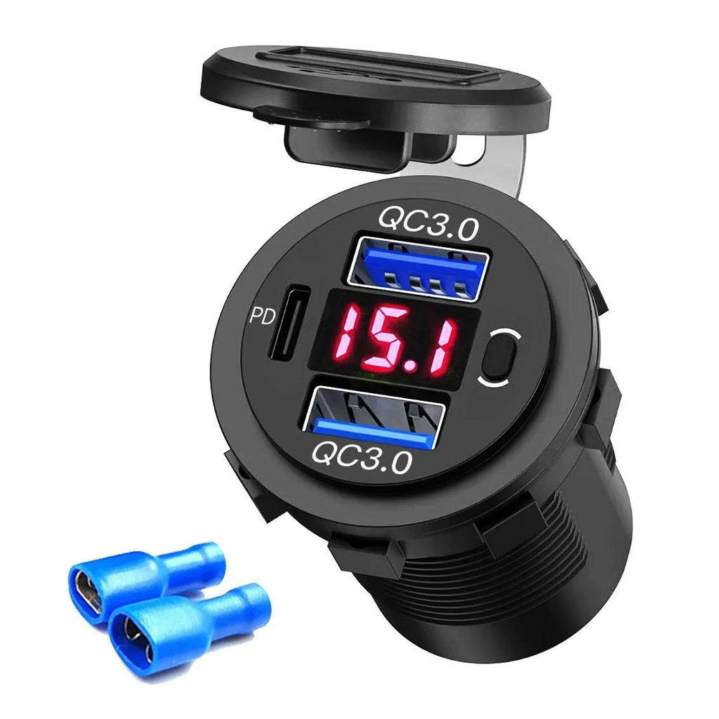 Dual QC car phone charger PD30 with digital display, blue with wire, showing 12V output