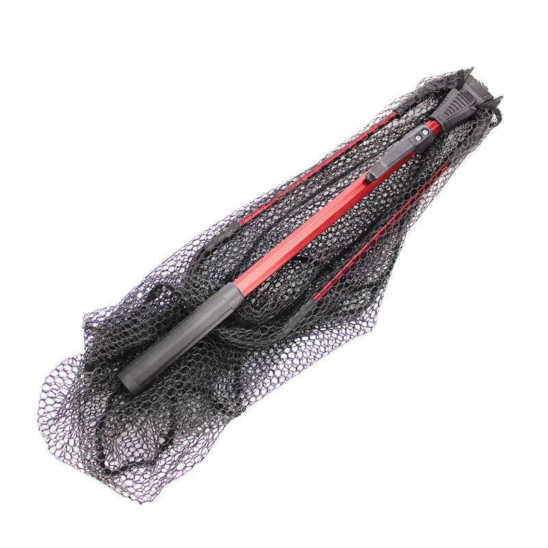 Red aluminium alloy single section triangular folding dip net with viscose mesh, 80cm total length, folded