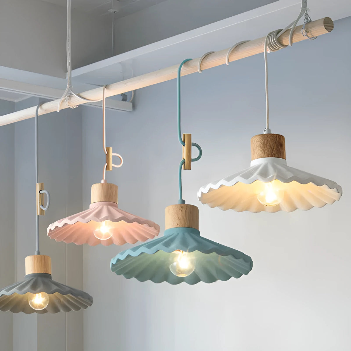 Modern simplicity cement solid wood chandelier with pink single light, resin construction, adjustable cord