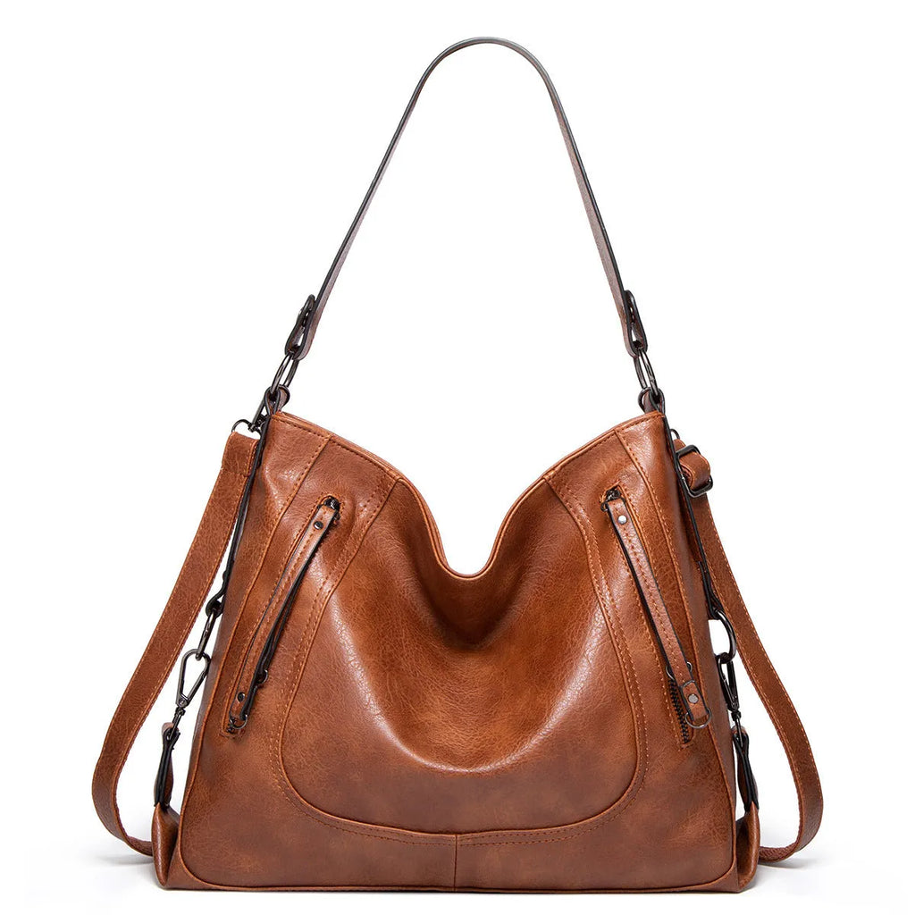 Large capacity soft PU retro tote bag with sewing line detail in bucket shape, outer sandwich pocket, shoulder strap