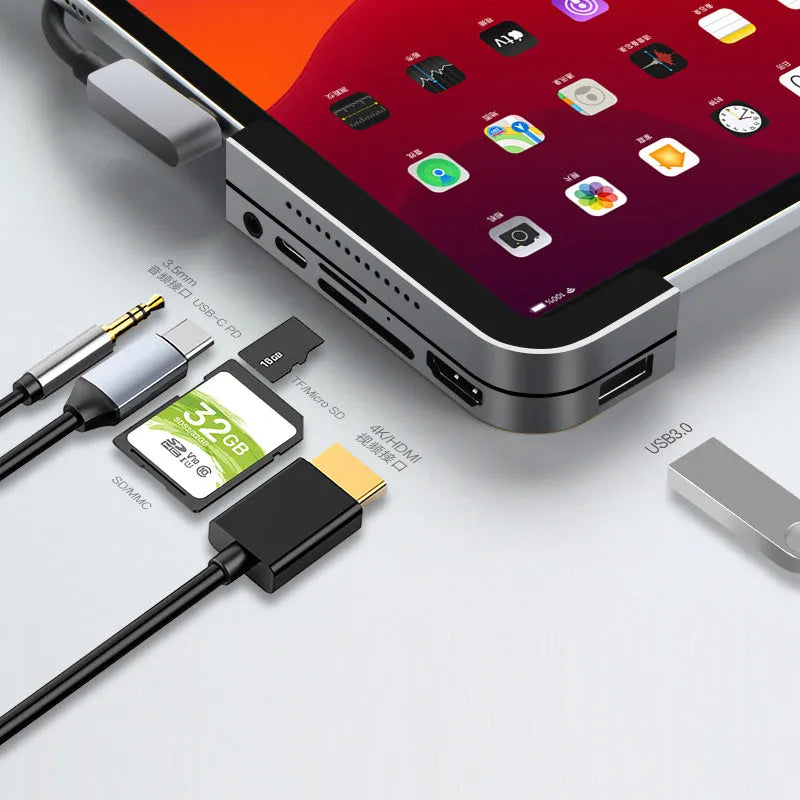 Silver aluminium grey Type-C docking station for iPad Pro with multiple connection ports