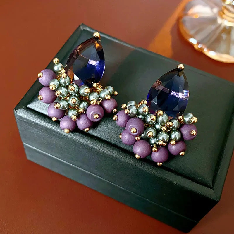 Retro purple water drop tassel earrings with silver needle alloy fitting, one pair
