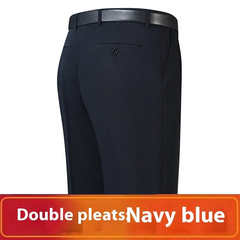 Men's loose deep crotch straight wool trousers with double pleated front, sizes 30-56, in dark blue, black, or grey.
