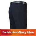 Men's loose deep crotch straight wool trousers with double pleated front, sizes 30-56, in dark blue, black, or grey.