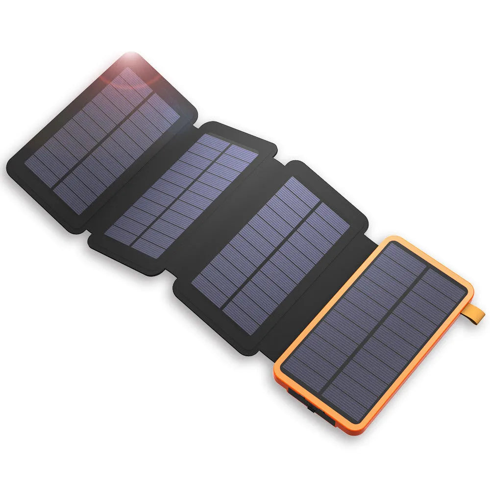 Outdoor solar power bank with soft leather wrap in multiple colours, showing solar panel and USB ports