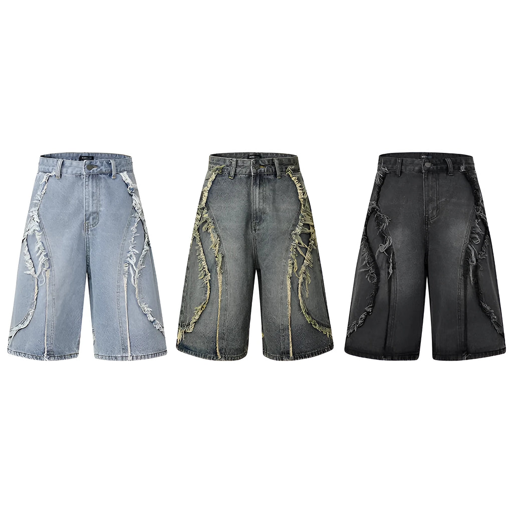 Distressed denim shorts with raw edge hem detail in straight leg cut