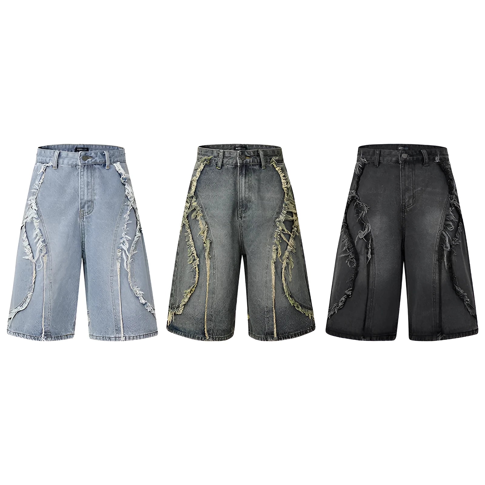 Distressed denim shorts with raw edge hem detail in straight leg cut