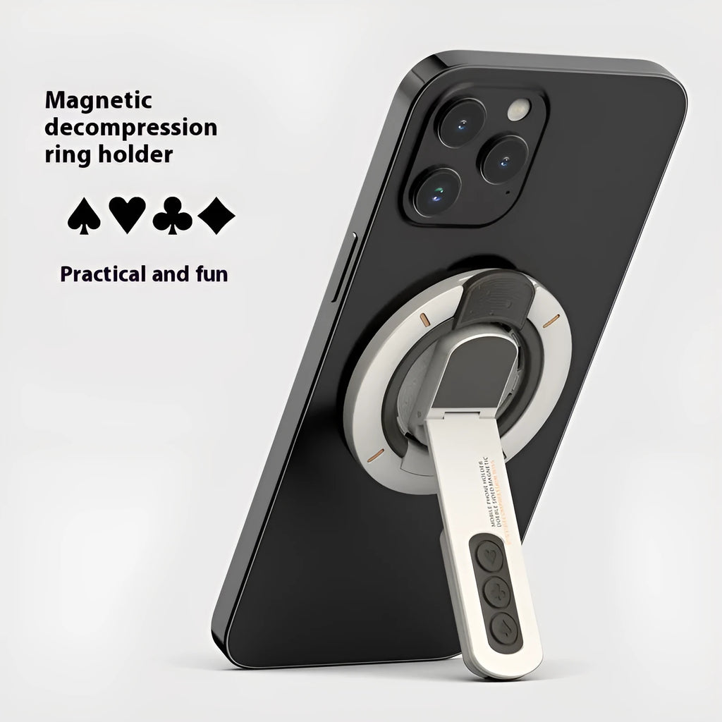 Double-sided magnetic phone ring bracket on desktop in graphite black colour universal fit