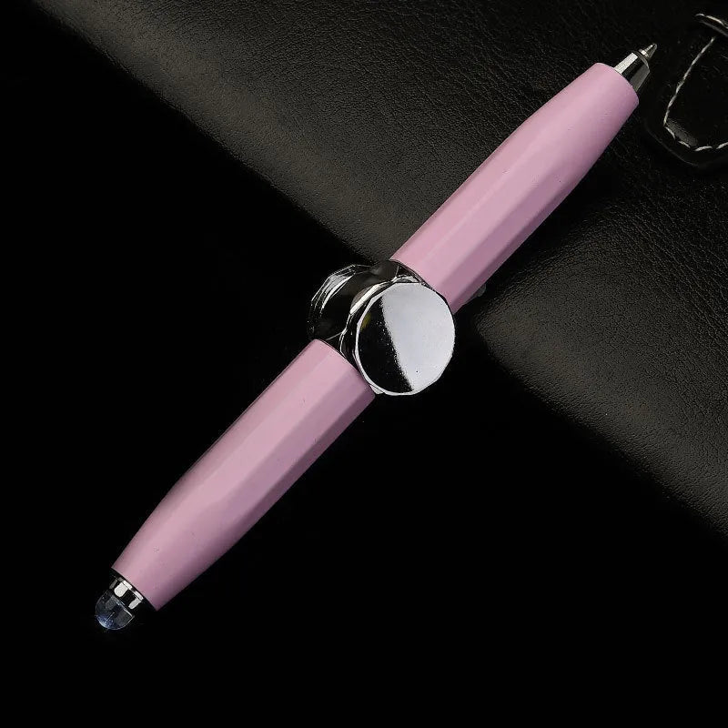 Metal ballpoint pen with integrated LED spinning gyro on the end