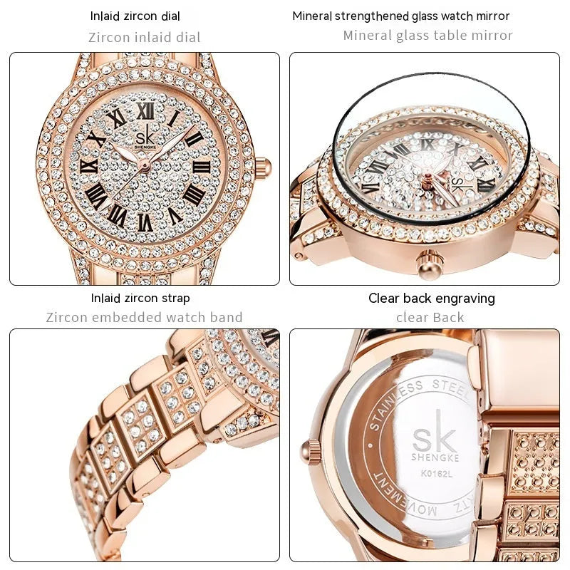 Women's gold alloy watch with diamond-like accents, slim 14mm strap, and 8mm dial on a white background