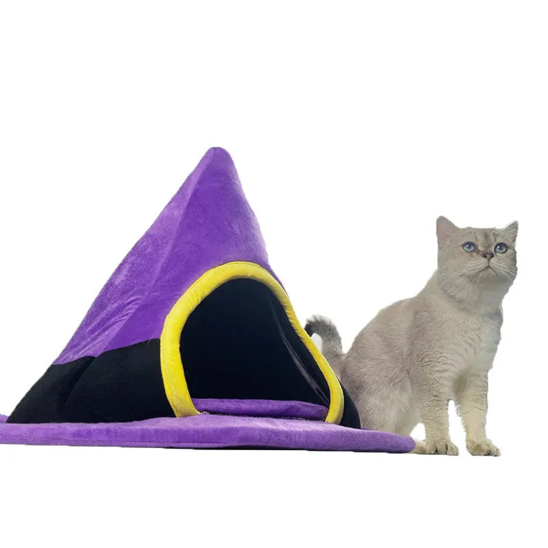 Purple Halloween witch hat shaped cloth cat bed for cats.