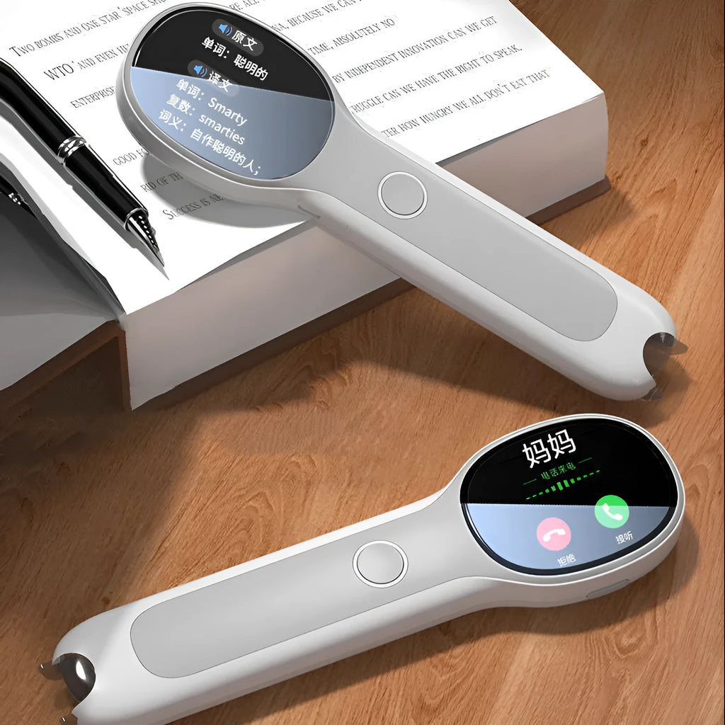 White Universal Reading Pen for English learning and Chinese translation with USB cable.