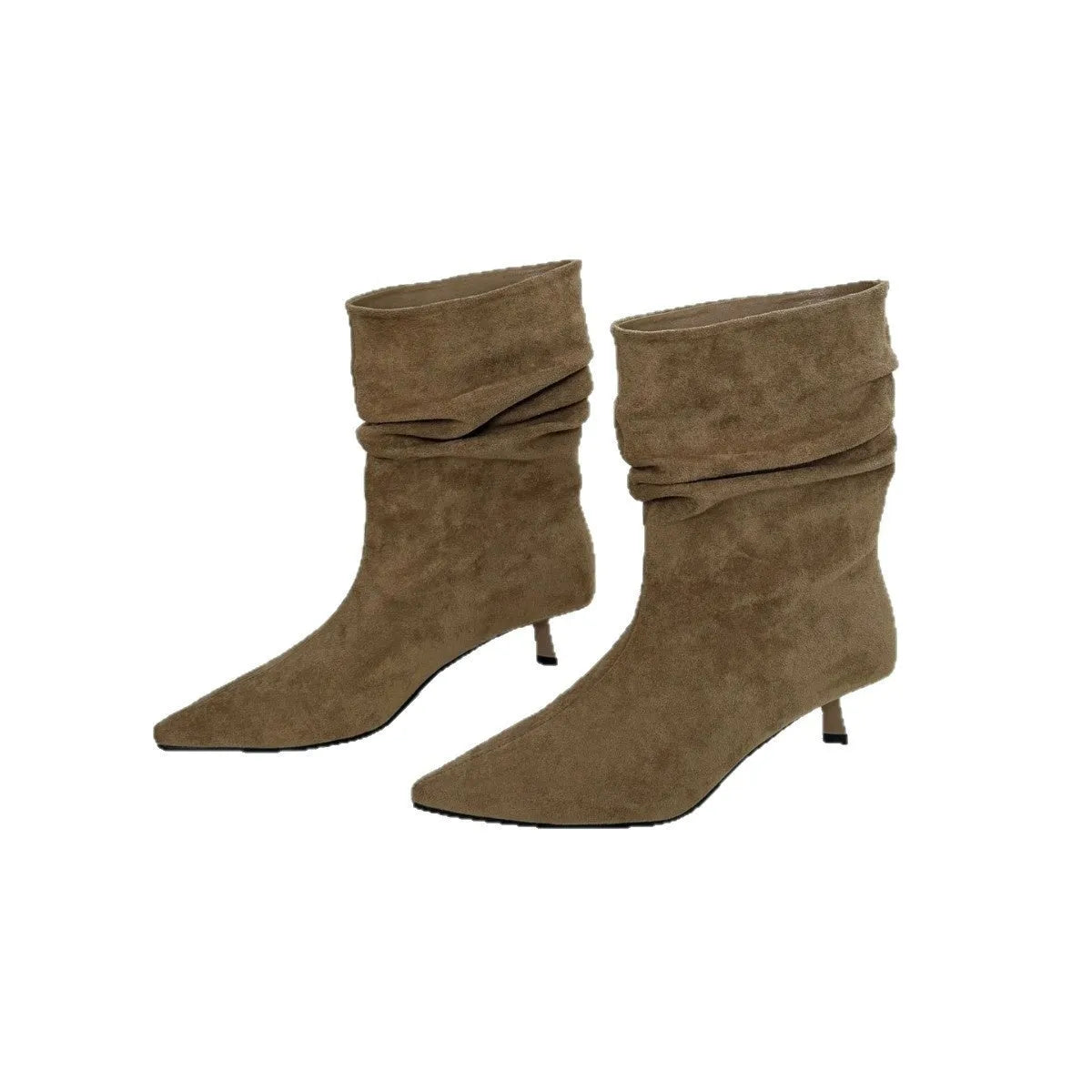 Women's pointed toe mid-calf boots with low stiletto heel, black microfiber upper, slip-on style