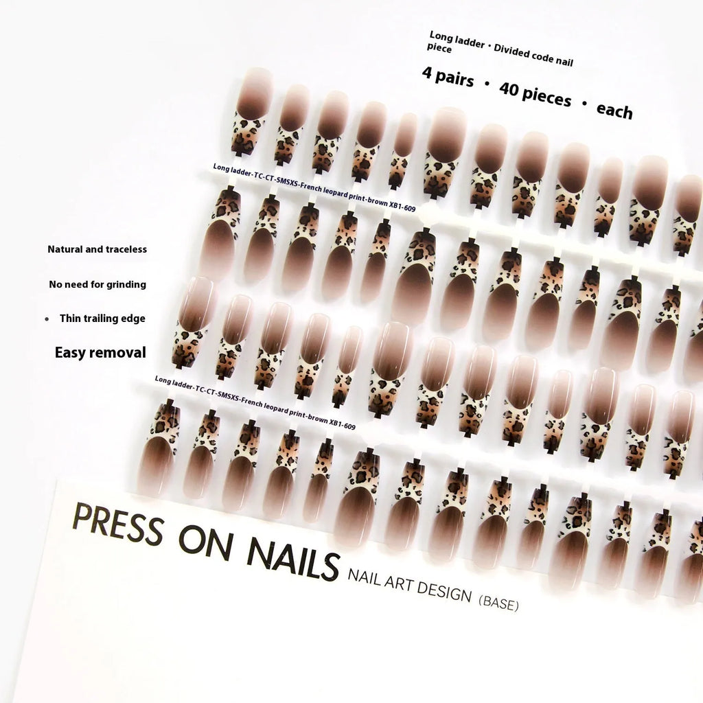 French leopard print long ladder nail stickers in brown, charm, and moss colourways, 40 piece set