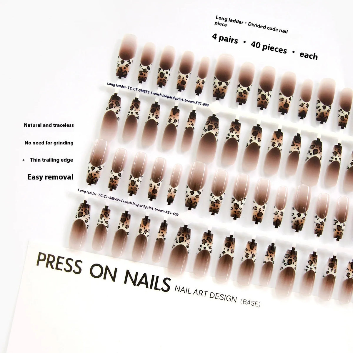 French leopard print long ladder nail stickers in brown, charm, and moss colourways, 40 piece set