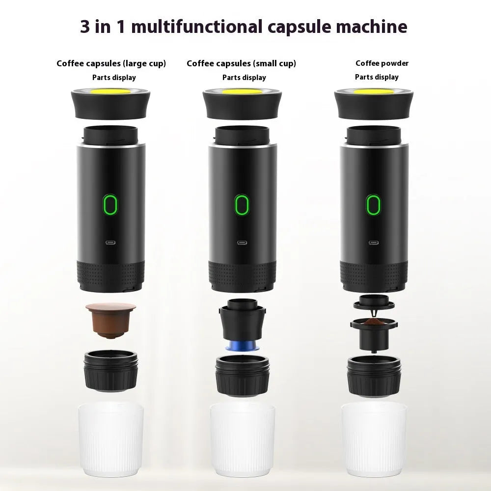 Portable Italian espresso machine in black, showing main unit, USB-C cable, and box