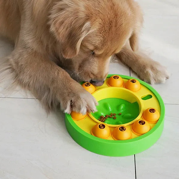 Lake Blue and Green interactive dog puzzle feeder bowl with slow-feeding column and non-slip rubber pads.