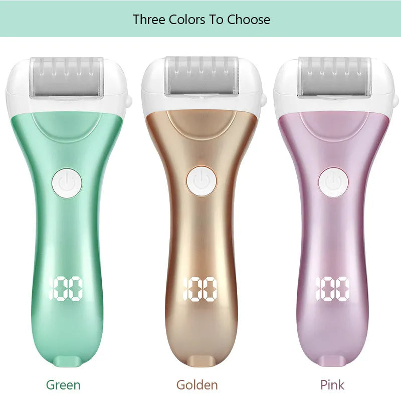 Charged electric foot file with three interchangeable heads in golden, green, and pink colour options