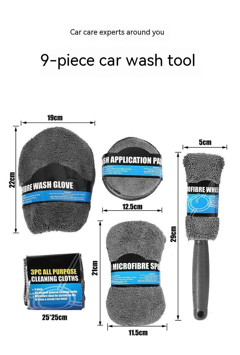 Grey microfiber 9-piece car wash cleaning set showing glove, sponge, tyre brush, waxing wipes and towels.