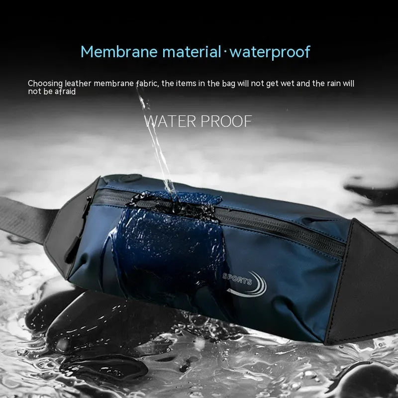 Men's black waterproof waist bag with adjustable strap for sports.